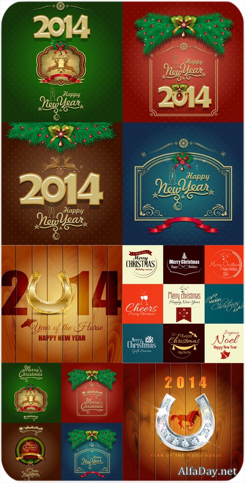 Christmas vector background with Christmas tree , horse and horseshoe