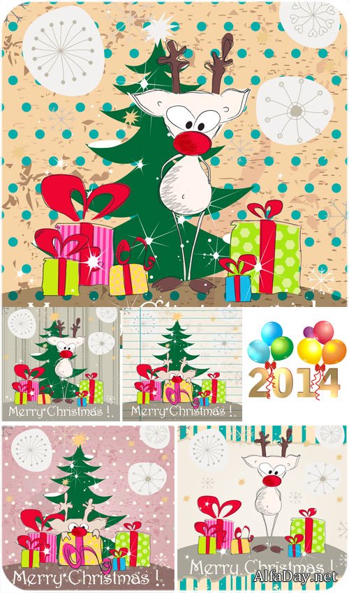 Christmas background with funny reindeer and Christmas tree