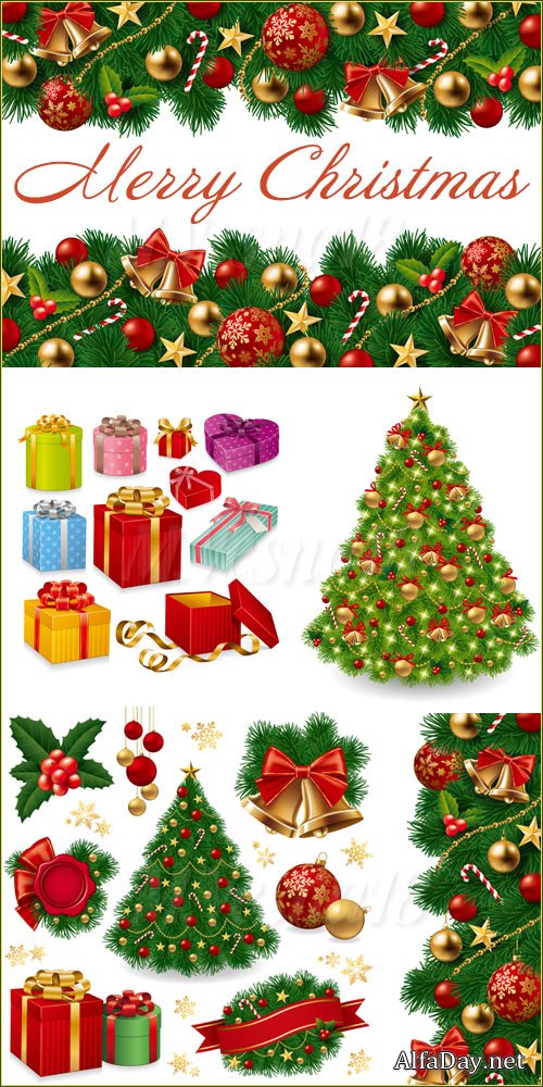 ���������� ��������, �������, ���� - ��������� ������� / Christmas tree and gifts vector