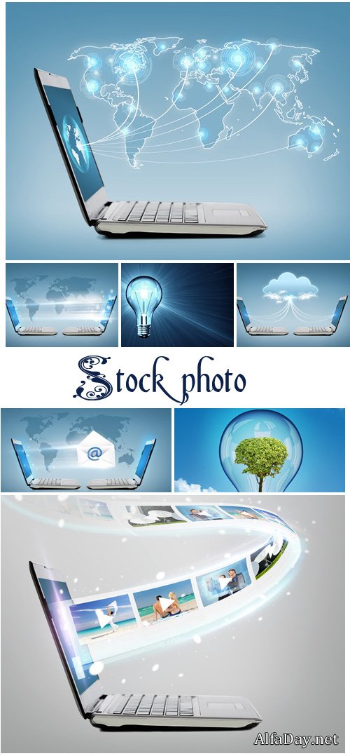 Laptop computer with map hologramm - stock photo