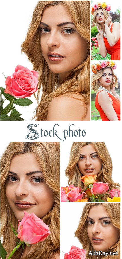 Effect blond woman with roses - stock photo