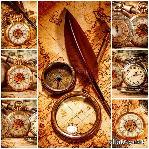 Vintage clocks on world map - stock photo