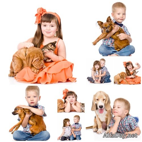 Children and animals on white background - stock photo