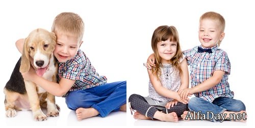Children and animals on white background - stock photo