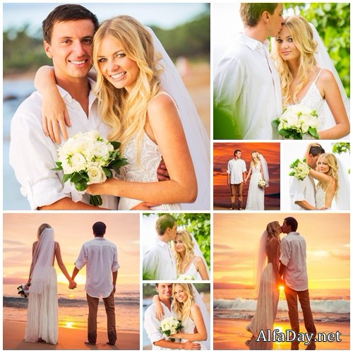 Married couple, bride and groom at sunset on beautiful tropical beach - stock photo
