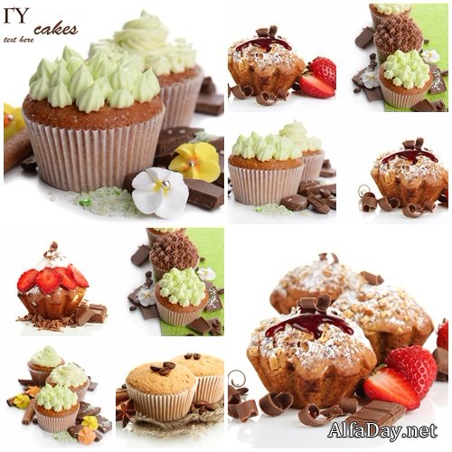 Tasty cupcakes with butter cream and strawberry, isolated on white - stock photo