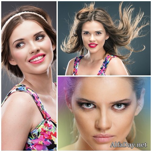 Beautiful brunette woman, 15 on dark backgrounds - stock photo