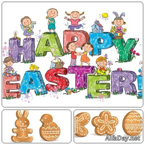 Easter card and kids on letters - vector stock