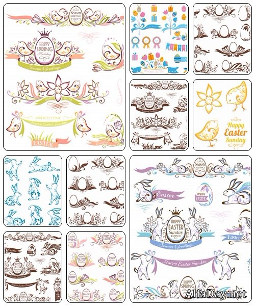 Set of spring and easter decorative emblems  - vector stock