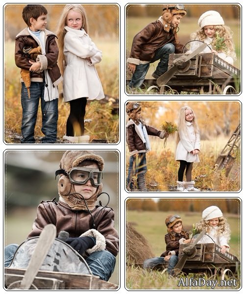 Couple children in retro clothers - stock photo