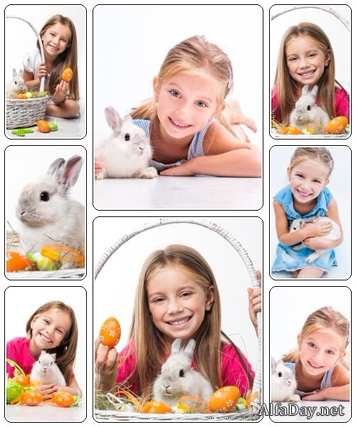 Smiled girl with white rabbit - stock photo