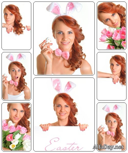 Girl - rabbit with tullips - stock photo