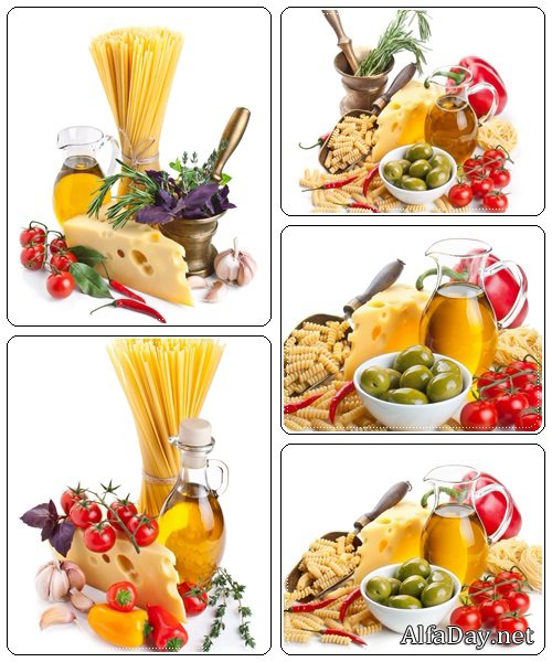 Pasta ingredients with cheese, isolated on white - stock photo