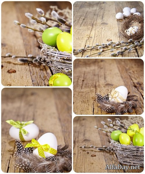 Easter eggs on wooden background - stock photo