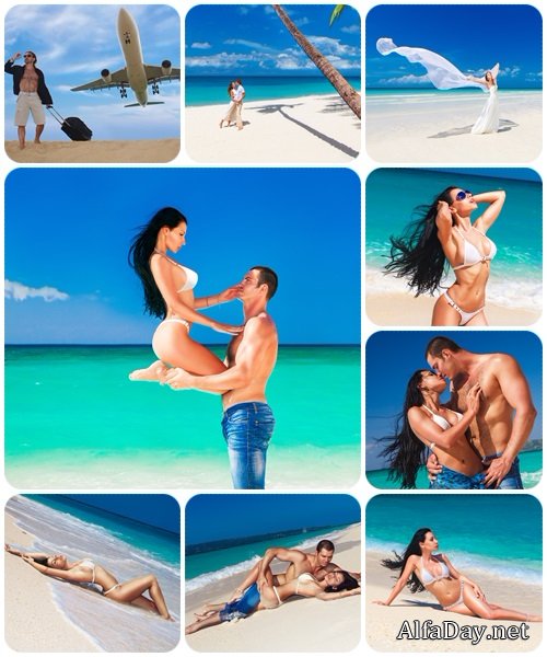 Beautiful young couple in love having holidays on the sea - stock photo