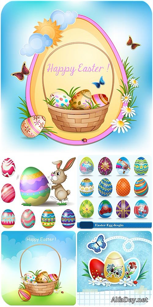 ���������� �������, ������ � ���������� ���� � ������� / Easter basket, bunny and Easter eggs vector