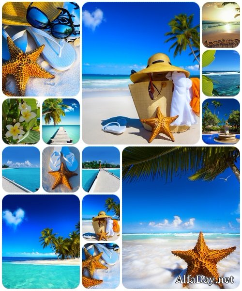 Art Straw hat, bag, sun glasses and flip flops on a tropical beach - stock photo