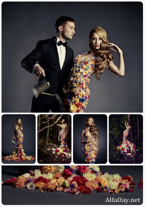 ��������� ����, ������� � ������ �� ������ / Glamorous couple, girl in dress from flowers - Stock Photo