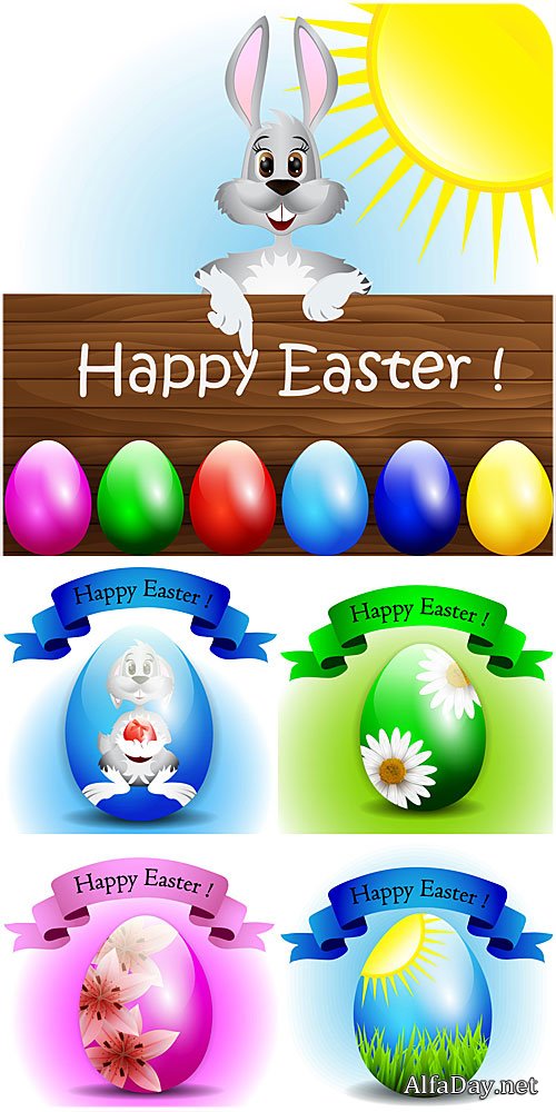 ���������� ���� � �������, ���������� ������ � ������� / Easter eggs with ribbons, easter bunny vector