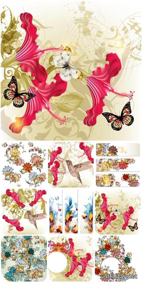 �����, ����� � ������� � ������� / Flowers, birds and butterflies vector
