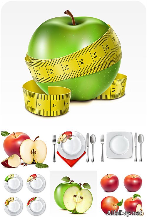 ������, ������� � �������� ������� � ������� / Apples, plates and cutlery vector