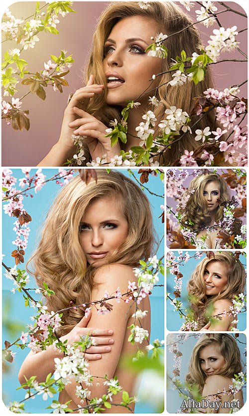 �������� ������� � �������� �������� ������ / Beautiful girl and spring flowering tree - Stock Photo