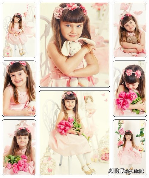 Portrait of a beautiful little girl with flowers and toy - stock photo