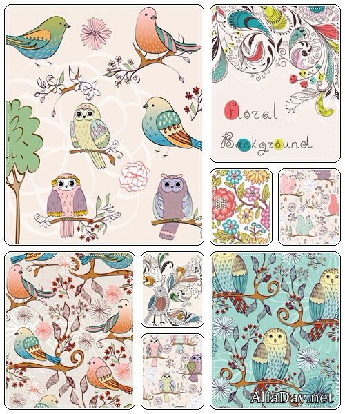 Vector hand drawn illustration with cartoon birds  - vector stock