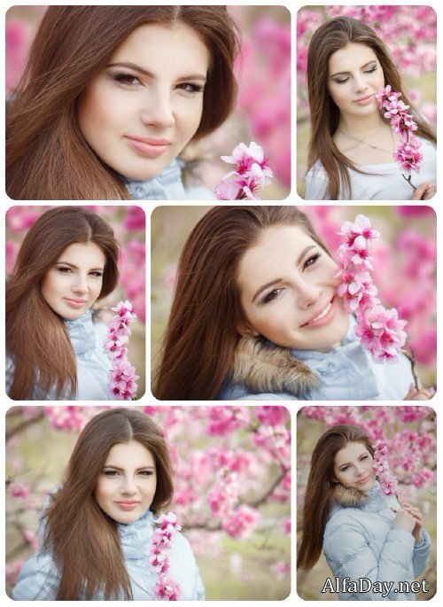 �������������� ������� � �������� �������� ���� / Charming girl in a flowering spring garden - Stock Photo