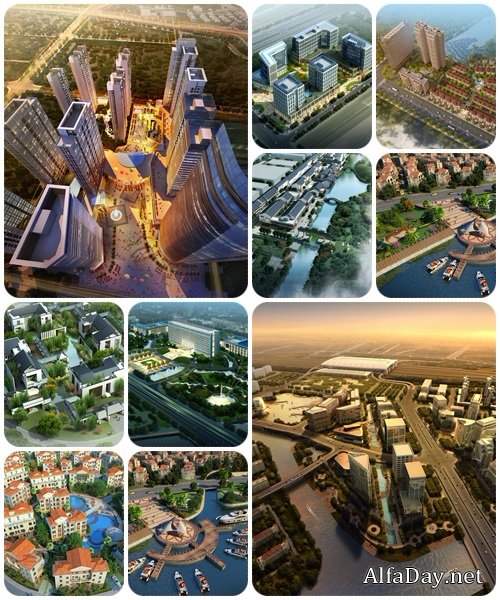 High-rise buildings imprinted from height - stock photo