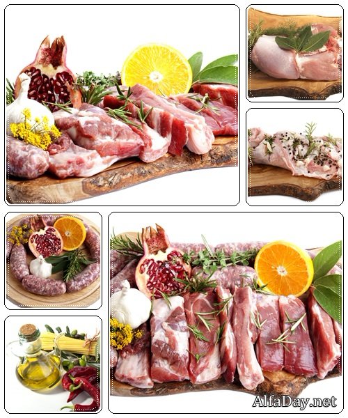 Fresh meat  and sausage with orange and pomegranate - Stock Photo
