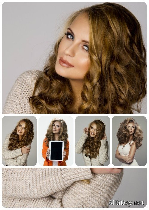 ������� ������� � ���������� �������� �������� / Young woman with wavy long hair - Stock Photo