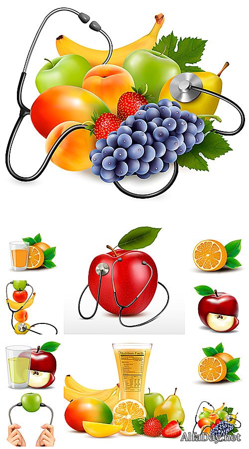 ������, ������ ���� � ������� / Fruits, fresh juices vector