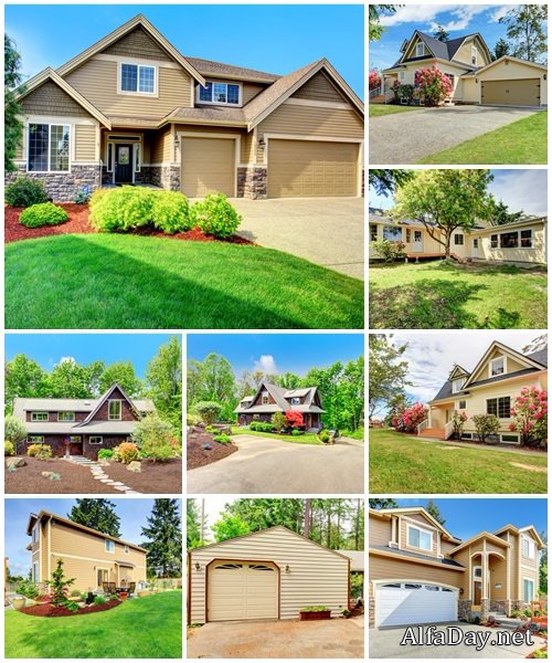 House exterior with spring blooming rhododendron - Stock Photo