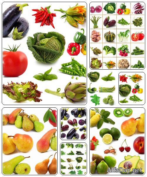 Fresh fruit and vegetables on white - Stock Photo