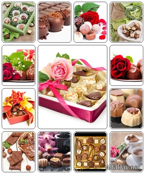 Chocolate pralines with decorations - Stock Photo