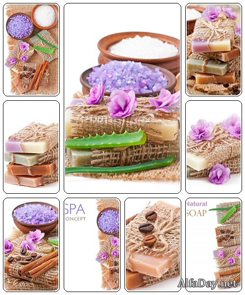 Natural soap and salt isolated on white background - Stock Photo