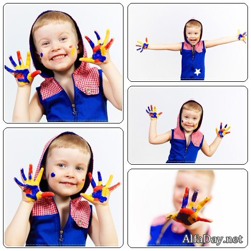Fanny boy with color hands - Stock Photo