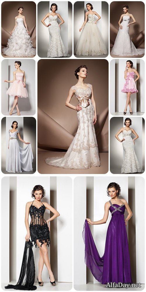 Beautiful brunette in wedding and evening dress - Stock Photo