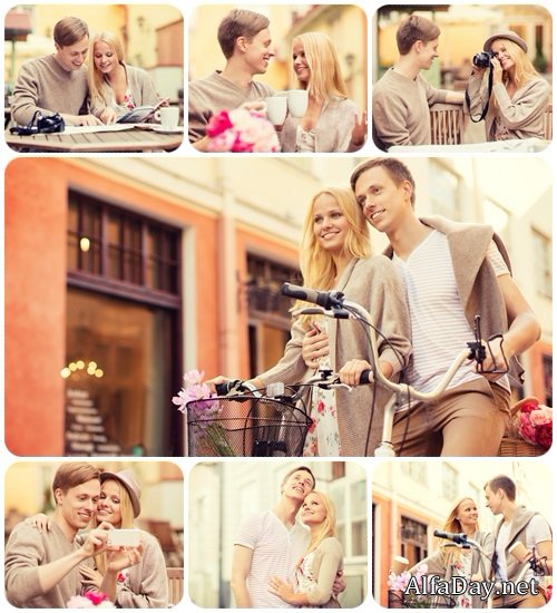 Romantic happy couple in the cafe - Stock Photo