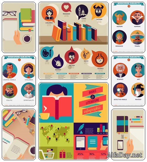 Reading books desktop, set of flat icons - vector stock