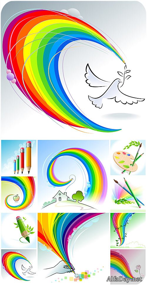 �������� ����, ��������� � ������ � ������� / Rainbow backgrounds, pencils and paint vector