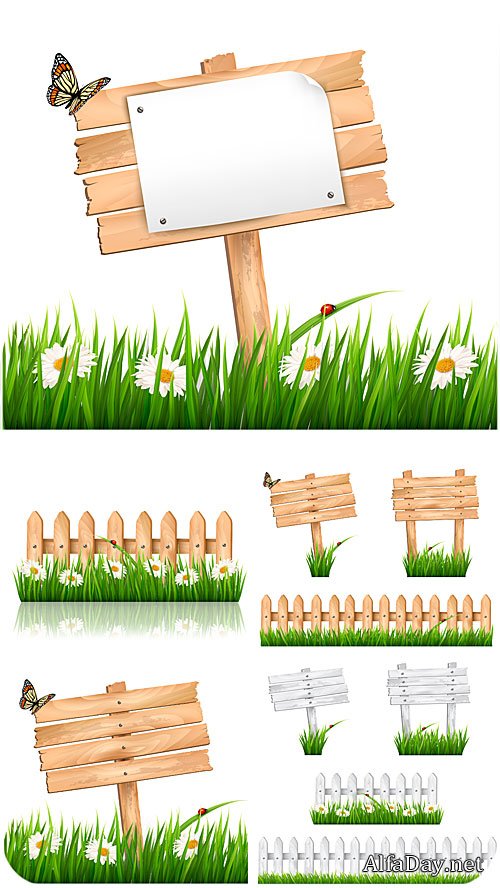 ���������� ��������, ����� � ������� � ������� / Wooden plaque, grass and daisies vector