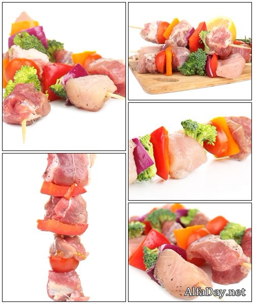 Raw pork kebab isolated on white - Stock Photo