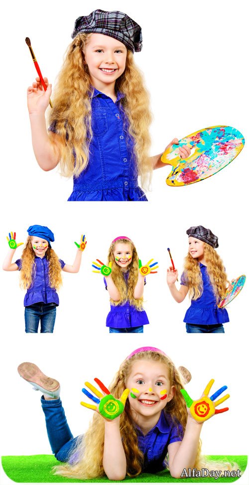 ������� ������ �������� / Girl draws paints - Stock photo