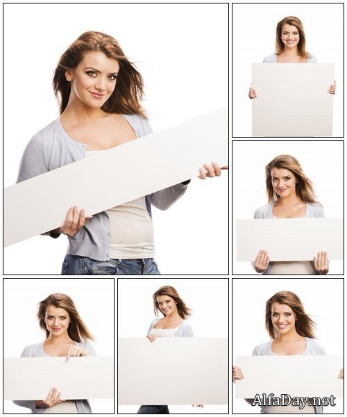 Young woman with advertising banner - Stock Photo