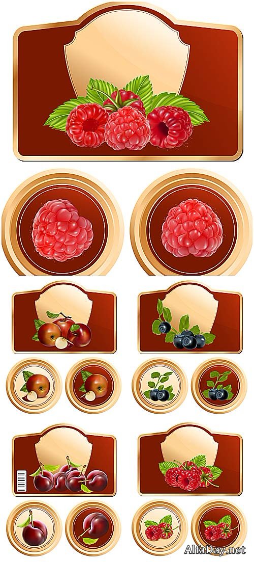 �������� � ������� � �������� � ������� / Labels with berries and fruits vector