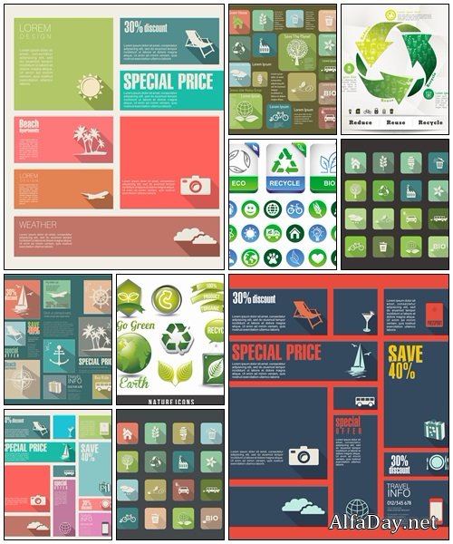 Travel and ecology vector flat icons set - vector stock