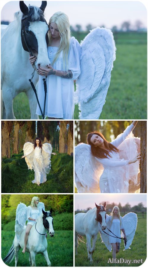 ������� � ��������, ������� � ������� / Girls with wings, girl with horse - Stock Photo