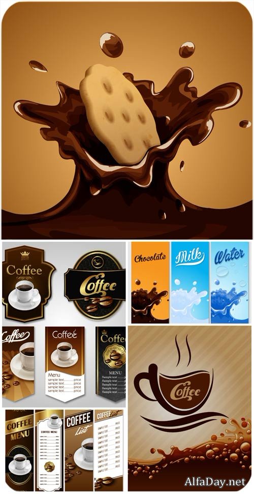 ����, �������, �������� � ���� � ������� / Coffee, chocolate, labels and backgrounds vector